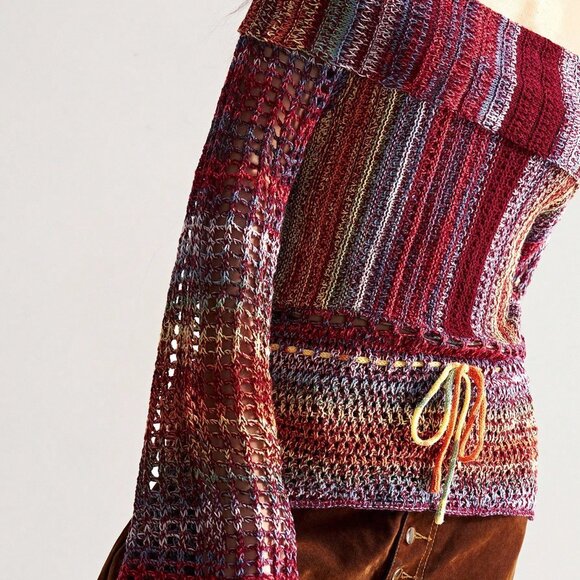 Multicolor Casual Women's Striped Off Shoulder Long Sleeve Blouse - Picture 5 of 8